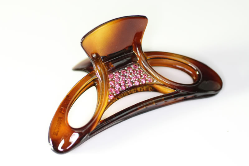 Open Claw Clip with Pink Swarovski Crystals - Shell - 8.5cm